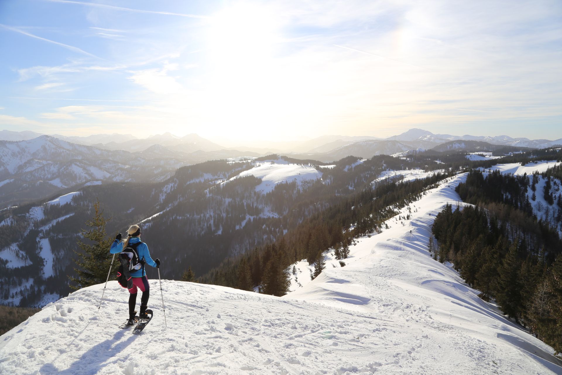 Schneeschuhwonnen - Berge, Bergkamm, Berglandschaft, Bergrücken, Fährte, Fußspuren, Fußstapfen, Gebirgskamm, Gemeindealpe, Gipfel, Hügel, Landschaft, Natur, Panorama, Personen, Scharte, Schnee, Schneeschuhwandern, Sonnenuntergang, Spuren, Trittspur, Winter, Winterlandschaft, Zellerrain - WEISSINGER Sofia - (Hagen, Josefsrotte, Niederösterreich, Österreich)