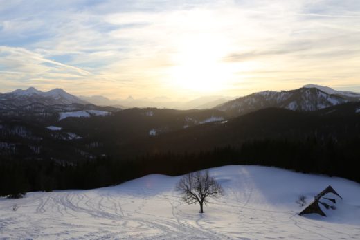 Der Sonne entgegen - Gemeindealpe, Schnee, Schneeschuhwandern, Sonnenuntergang, Winter, Winterlandschaft, Zellerrain - (Taschelbach, Sankt Sebastian, Steiermark, Österreich)