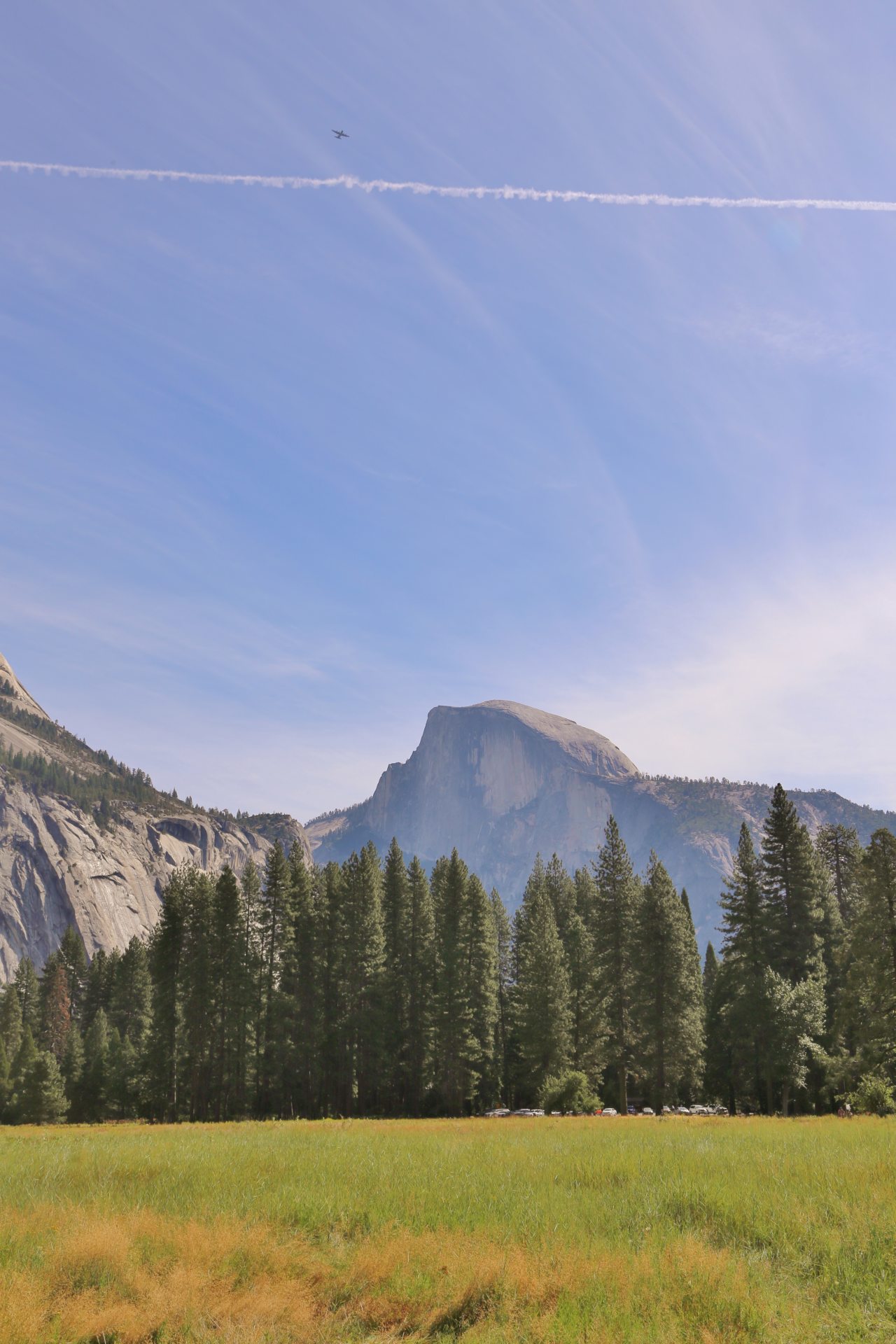 Half Dome in Aktion - Aussicht, Bäume, Berg, Fernsicht, Flugzeug, Half Dome, Himmel, Kalifornien, Kondensstreifen, Landschaft, Natur, Panorama, Wiese, Wolken, Yosemite National Park - (Yosemite Village, Yosemite National Park, California, Vereinigte Staaten)