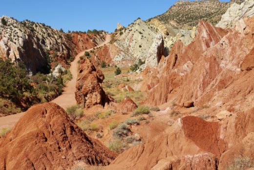 Was für eine unglaubliche Landschaft! - Aussicht, Backcountry Road, Canyon, Cottonwood Canyon Road, Dirt Road, Farben, farbenfroh, Felsformationen, Felslandschaft, Felsnadeln, Fernsicht, Geologie, Gesteinsschichten, Grand Staircase Escalante National Monument, GSENM, Himmel, Hoodoos, Landschaft, malerisch, Monolithen, Natur, Panorama, Sandstein, Sandsteinformationen, Schotterpiste, Schotterstraße, Steinmännchen, Strasse, traumhaft, unbefestigte Straße, Utah, Weg - (Paria, , Utah, Vereinigte Staaten)