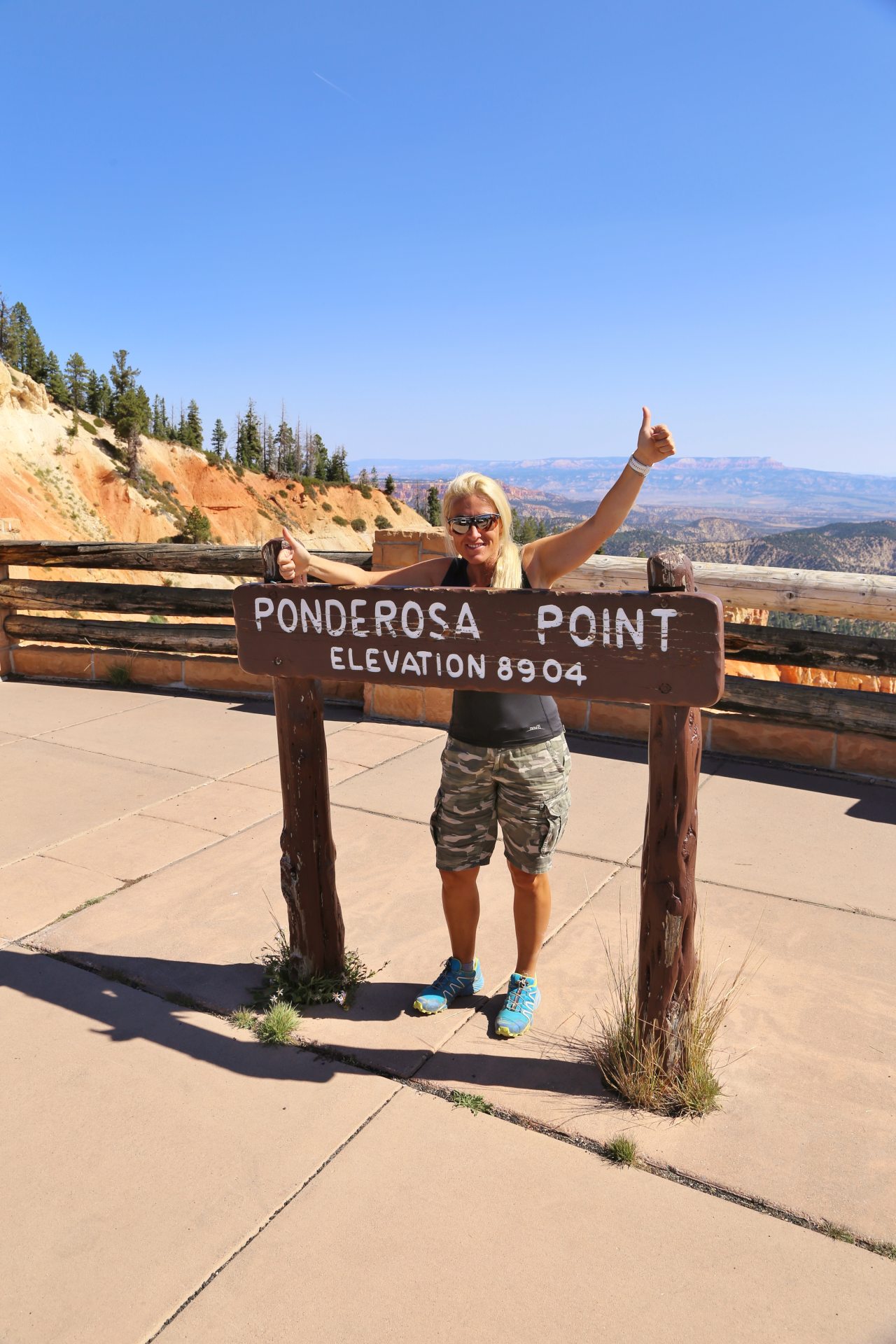 Auf über 2.700 Meter wird die Luft schon dünn .. - Beschilderung, Blondine, Bryce Canyon National Park, Himmel, Personen, Ponderosa Point, Portrait, Porträt, Schild, Tafel, Utah - HOFBAUER-HOFMANN Sofia - (Bryce Canyon, Bryce, Utah, Vereinigte Staaten)