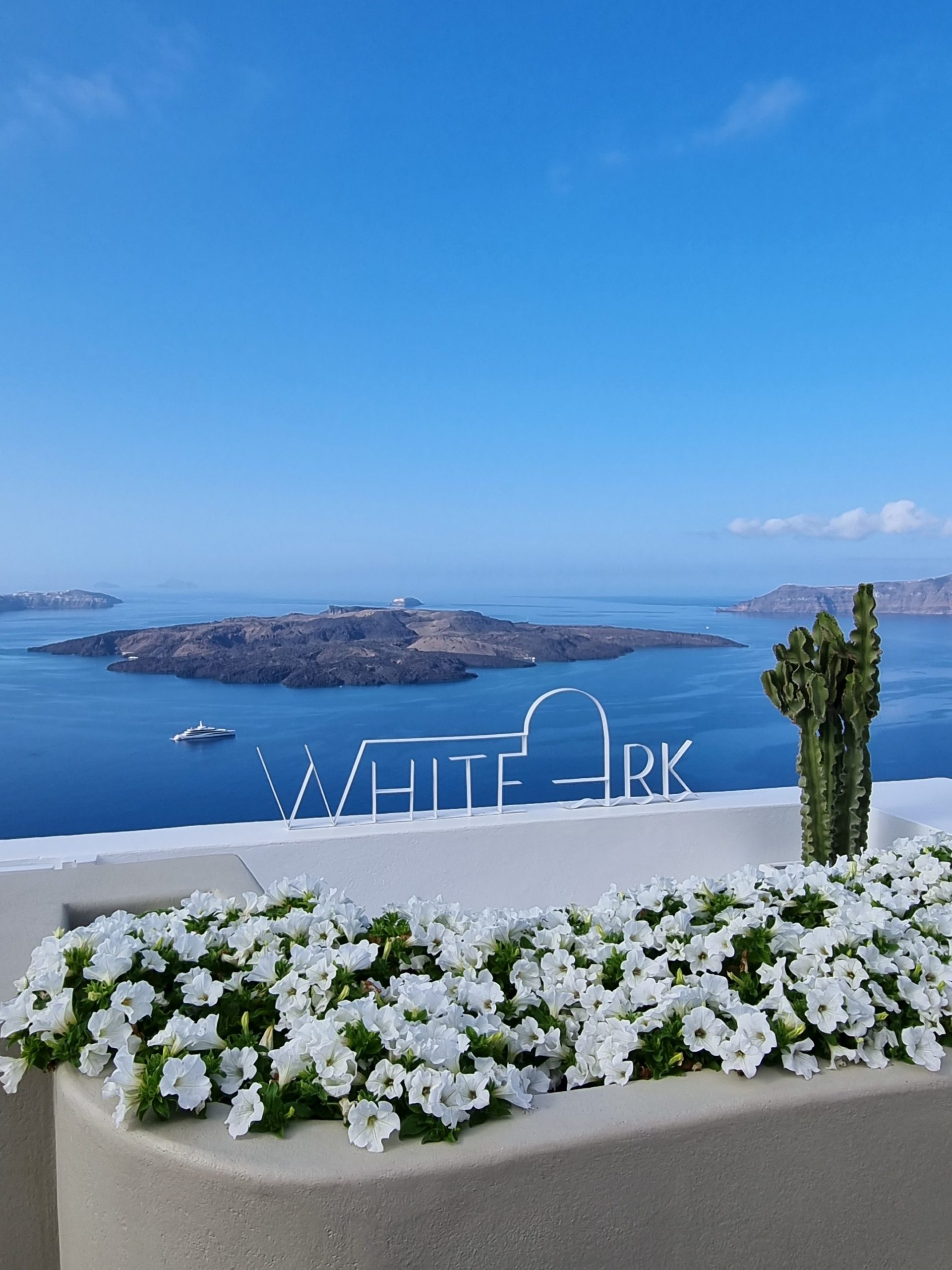 Fira bietet Kulinarik und tolle Aussblicke - Aussicht, Blumen, Boot, Himmel, Kaktus, Meer, Nea Kameni, Panorama, The White Ark, Vulkaninsel, Wolken - (Fira, Ia, , Griechenland)