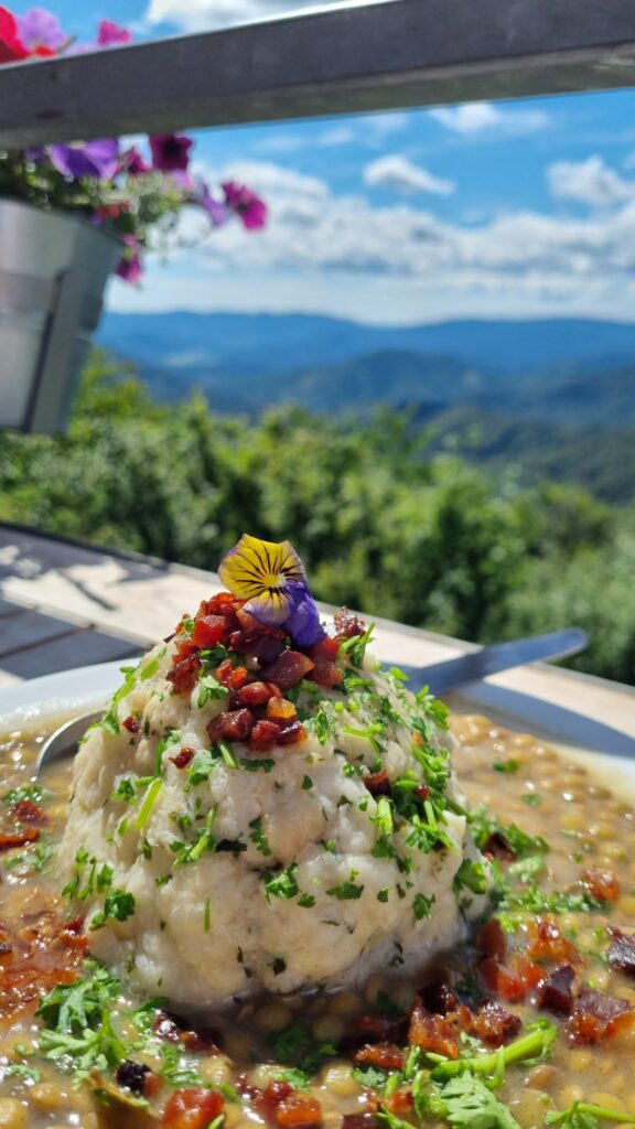 Knödel with a view! - Aussicht, Essen, Gutensteiner Alpen, Kieneck, Linsen mit Speck und Knödel, Panorama, Specklinsen mit Semmelknödel, Wandern - (Kieneck, Niederösterreich, Österreich)